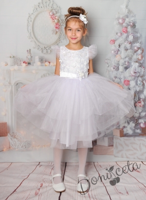 Официална детска рокля с тюл на пластове  в бяло