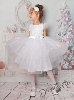 Официална детска рокля с тюл в бяло