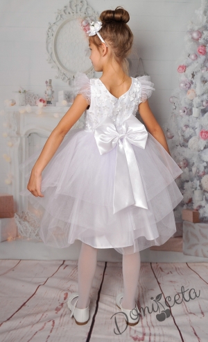 Детска официална  рокля с тюл на пластове и 3D цветя в бяло