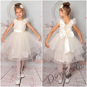 Официална детска рокля в екрю с тюл на пластове и 3D цветя