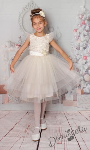 Официална детска рокля в екрю с тюл на пластове 