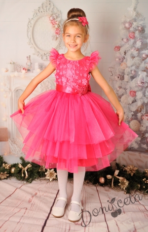 Официална детска рокля с 3D цветя  с тюл