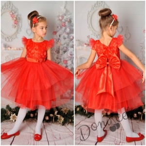 Официална детска рокля с 3D цветя в червено с тюл на пластове