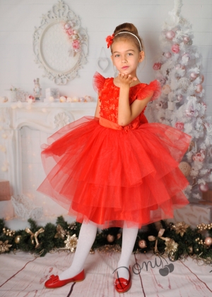 Официална детска рокля в червено с тюл 