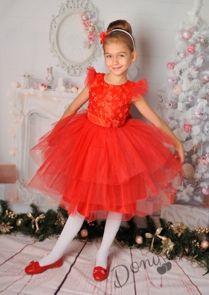 Официална детска рокля с 3D цветя в червено