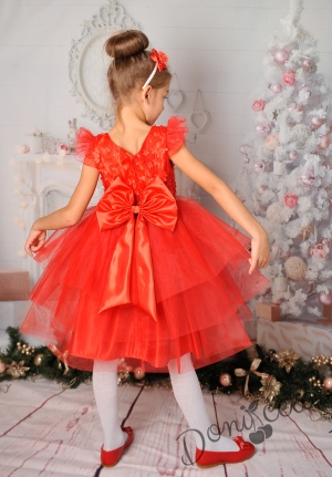 Детска официална рокля с 3D цветя в червено с тюл 