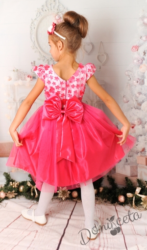 Официална детска рокля с 3D цветя в циклама с тюл