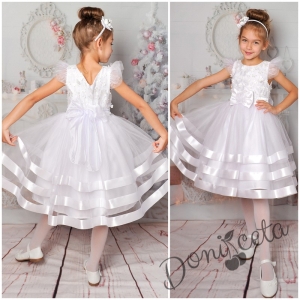 Официална детска рокля в бяло с къс ръкав и коланче отзад