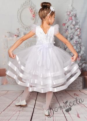 Официална детска рокля в бяло с къс ръкав 