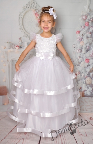 Официална дълга детска рокля в бяло с тюл и панделка 