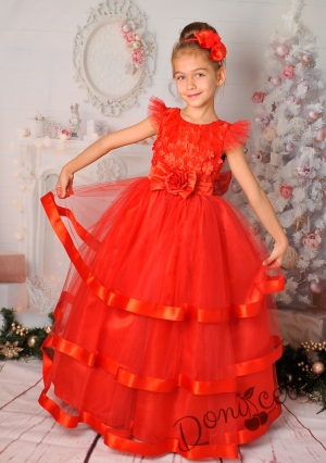 Официална дълга детска рокля в червено с тюл 