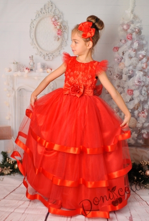 Официална дълга детска рокля в червено 