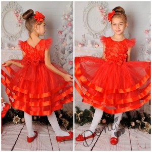 Официална детска рокля с къс ръкав и коланче в червено