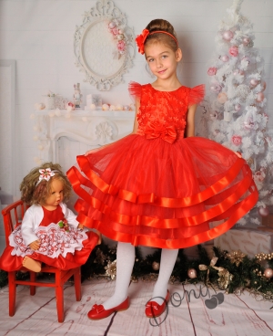 Официална детска рокля с къс ръкав в червено