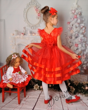 Детска официална рокля с къс ръкав и коланче в червено