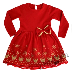Детска коледна рокля в червено със снежинки в златисто и панделка