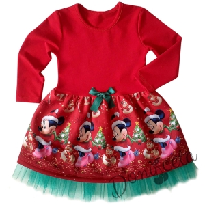 Детска коледна рокличка с дълъг ръкав в червено с Мини Маус