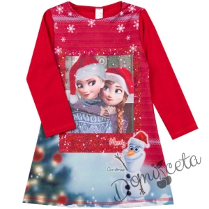 Коледна детска рокля с дълъг ръкав в червено с Анна и Елза