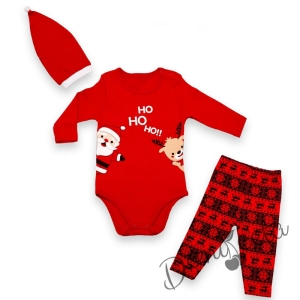 Бебешки коледен комплект от боди в червено с еленче и панталонки в каре