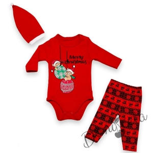 Бебешки коледен комплект от боди в червено с мечета и панталонки  в каре
