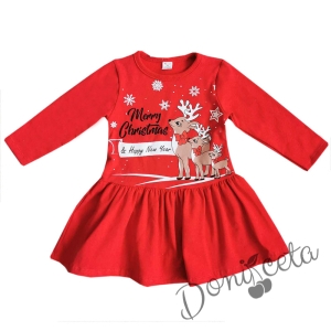 Бебешка коледна ватирана детска рокля в червено с еленчета