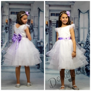 Детска официална рокля в бяло с тюл и голяма панделка в лилаво 
