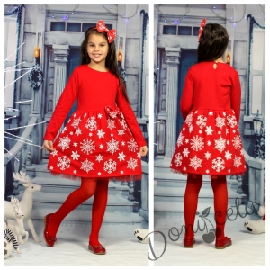 Ватирана детска коледна рокля с дълъг ръкав в червено със снежинки в бяло