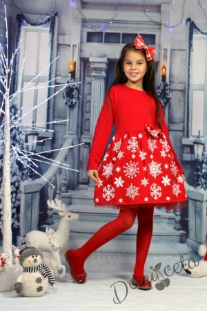 Коледна ватирана червена рокля на снежинки