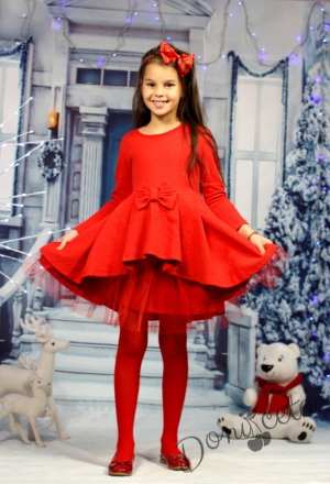 Детска коледна рокля с дълъг ръкав и тюл в червено 