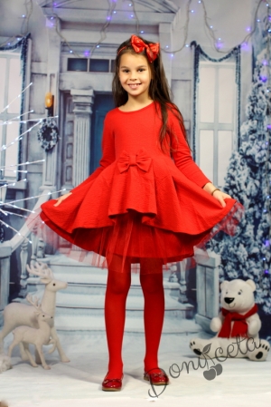 Детска коледна рокля с дълъг ръкав и тюл в червено 