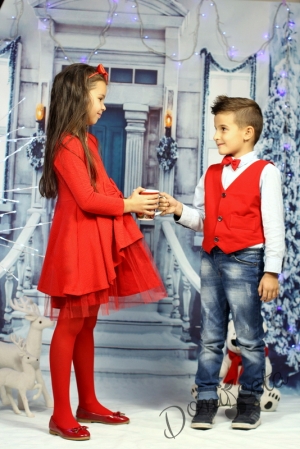 Коледна детска рокличка в червено с тюл отпред