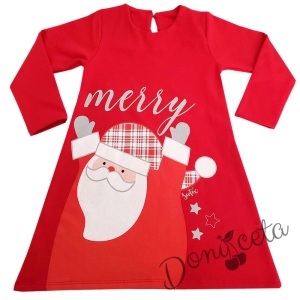 Детска Коледна рокля с дълъг ръкав в червено с Дядо Коледа
