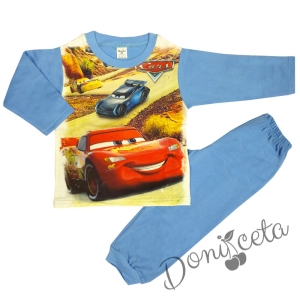 Детска леко ватирана пижама в светлосиньо с картинка на коли
