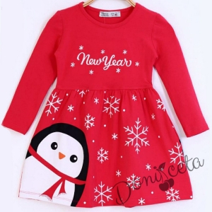 Детска коледна рокля в цвят диня с пингвинче и снежинки