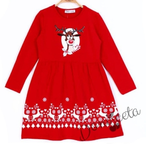 Коледна детска рокля в червено със снежинки и еленче