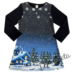 Коледна детска права рокля с дълъг ръкав в тъмносиньо зимна нощ