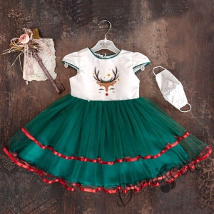 Коледна детска рокля с къс ръкав с тюл в бяло и зелено 
