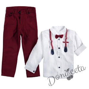 Комплект от риза с дълъг ръкав за момче в бяло и панталон в бордо