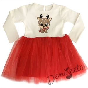 Ватирана детска коледна рокля с дълъг ръкав в бяло и червено с еленче