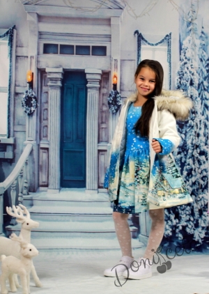 Детска рокля с дълъг ръкав с палтенце със снежен пейзаж