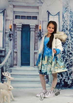 омплект от детска  рокля  с дълъг ръкав с палто с качулка и зимна картинка