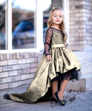 Официална дълга детска рокля в златисто с блясък с шлейф с панделка 