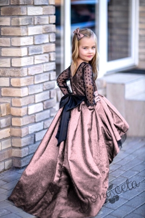Официална дълга детска рокля в пепел от рози с блясък с шлейф с панделка 