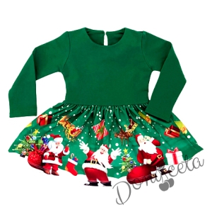 Детска ватирана коледна рокля в зелено с Дядо Коледа