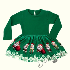 Коледна ватирана рокличка с дълъг ръкав в зелено с Дядо Коледа
