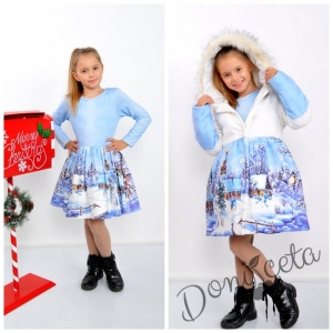 Комплект от детска  зимна рокля с дълъг ръкав с палто с качулка и снежна картинка