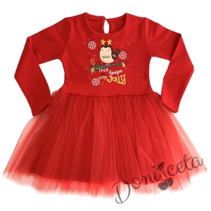 Ватирана коледна детска рокля с дълъг ръкав в червено с тюл
