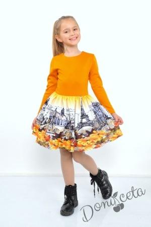 Детска официална рокля с дълъг ръкав в горчица с Париж