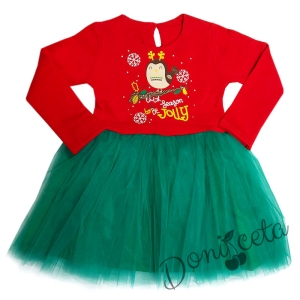 Детска коледна ватирана рокля с дълъг ръкав в червено със зелен тюл
