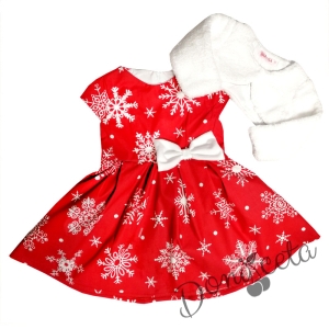 Бебешка коледна рокля в червено със снежинки  с пухкаво болеро в бяло